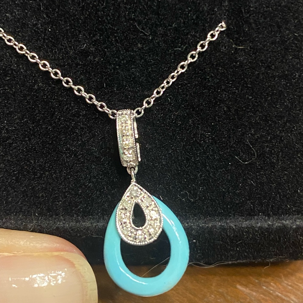 Turquoise and Diamond Pendant with Necklace in 14K White Gold